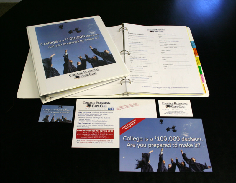 Advertising materials for College Planning Cape Cod arranged in a collage